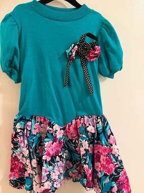 Vintage 80s Allison Ann Girls Teal Drop Waist Floral Skirt Dress with Bow Best f